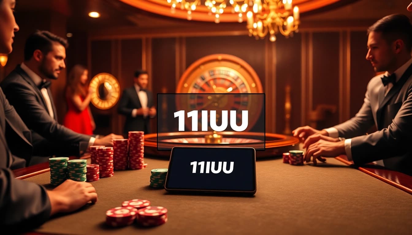 11UU players strategizing at a luxurious poker table with vibrant chips and roulette wheel.