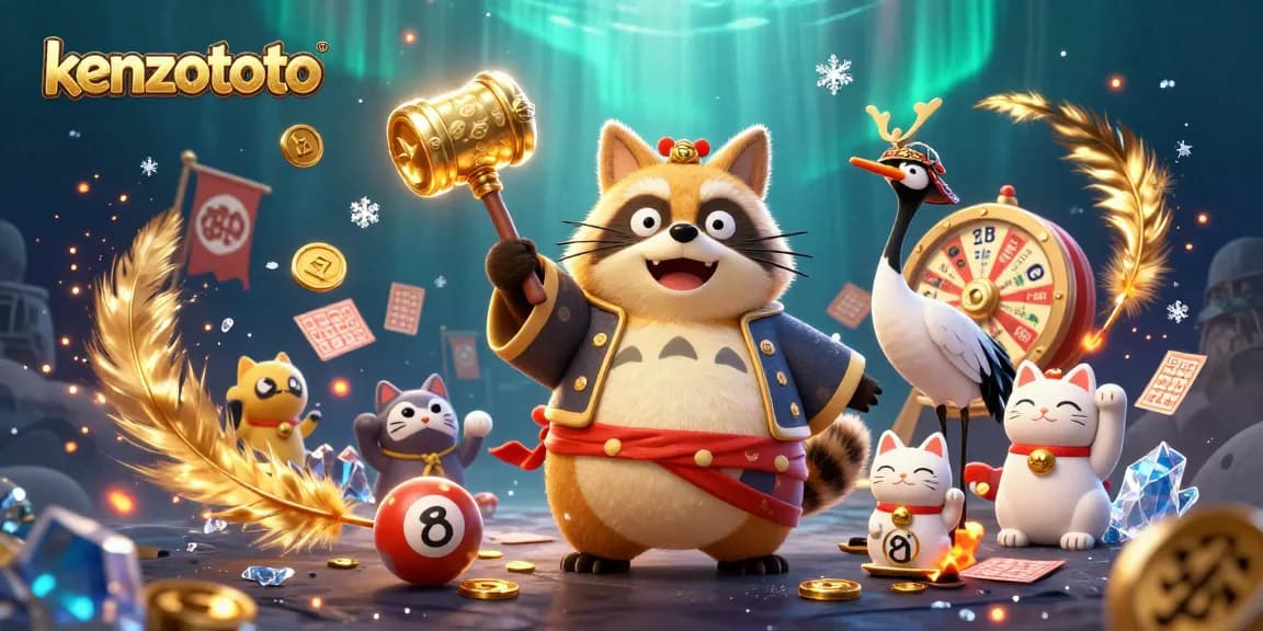 Kenzototo features a cheerful tanuki celebrating with lottery elements, showcasing interactive gaming adventures and vibrant colors.