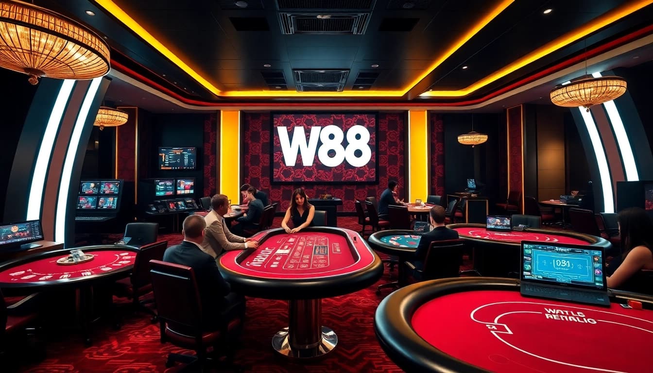 Experience the excitement of w88.nyc with players enjoying Baccarat and Blackjack in a vibrant online casino setting.