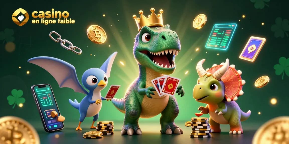 Découvrez un casino en ligne fiable avec un T-Rex jouant aux cartes et un ptérodactyle qui aide.