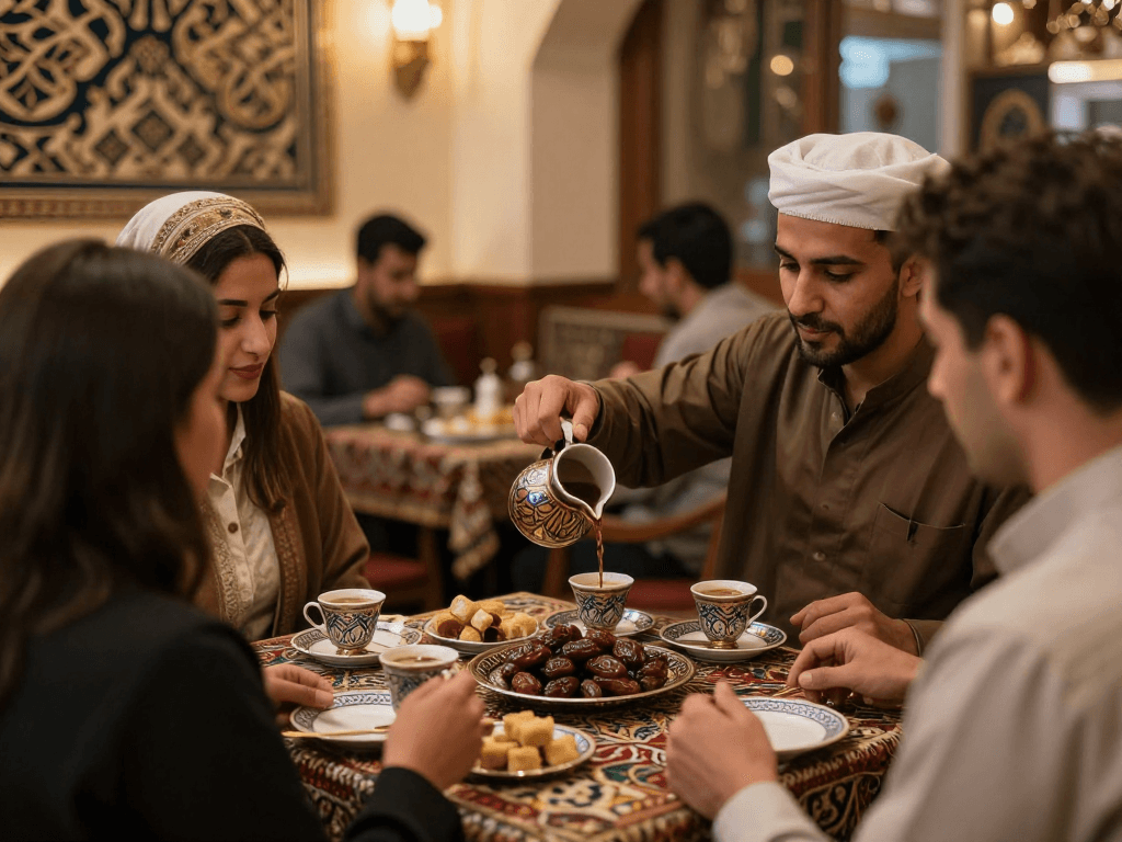 قهوجي وصبابين يقدم القهوة العربية في مقهى تقليدي مزخرف، مما يخلق جوًا دافئًا وجذابًا.