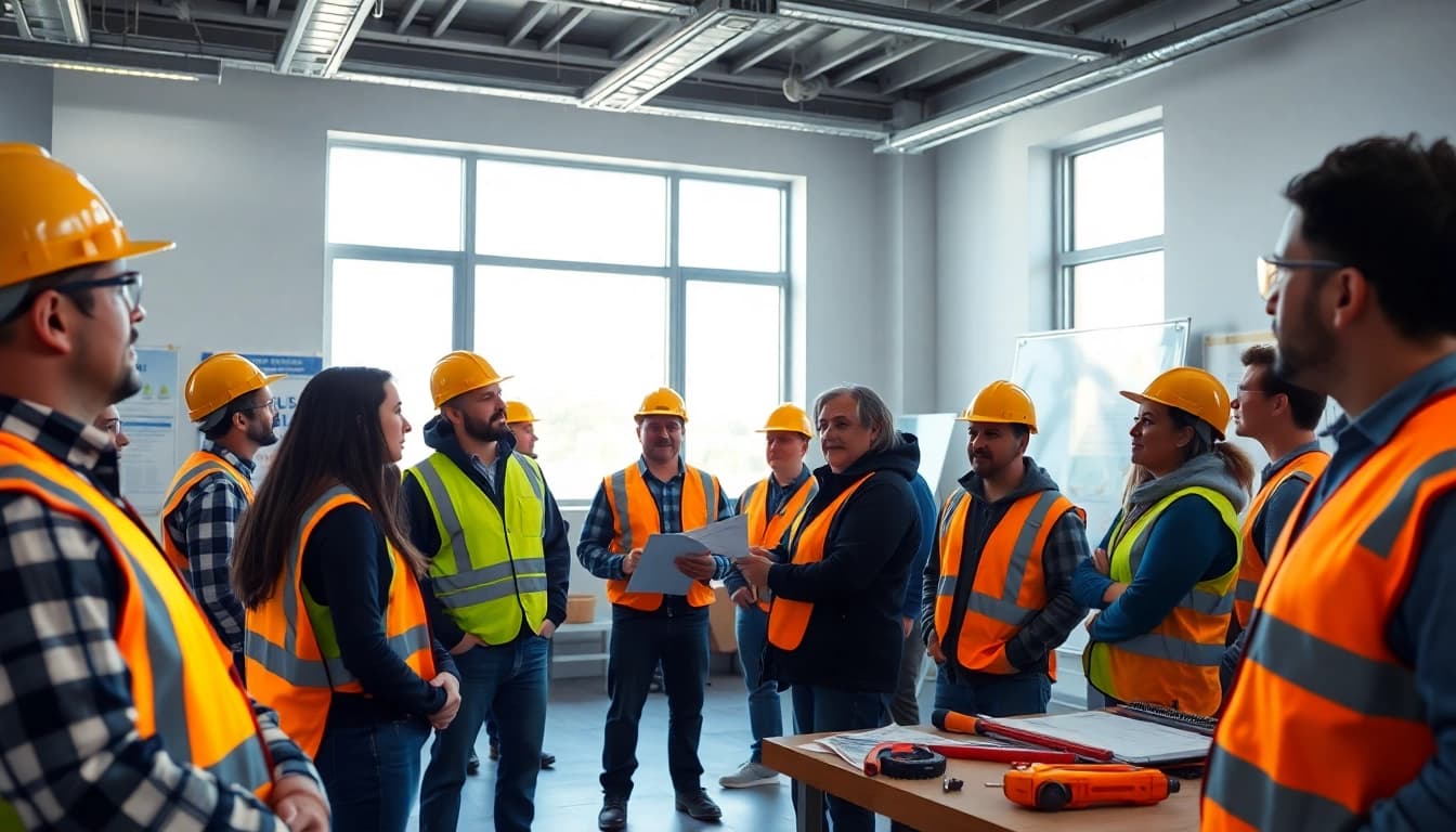 Engaging construction safety training with diverse participants focused on learning in a professional environment.