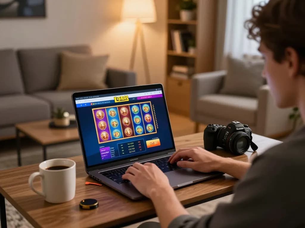 Engaging with tg88 club through a laptop in a cozy home gaming setup, featuring vibrant slot games