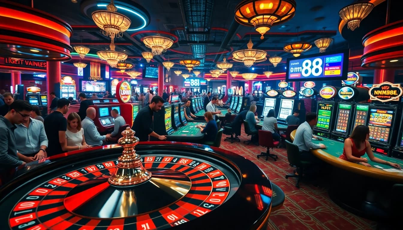 mm88 gaming excitement at a lively casino with players at roulette and poker tables.