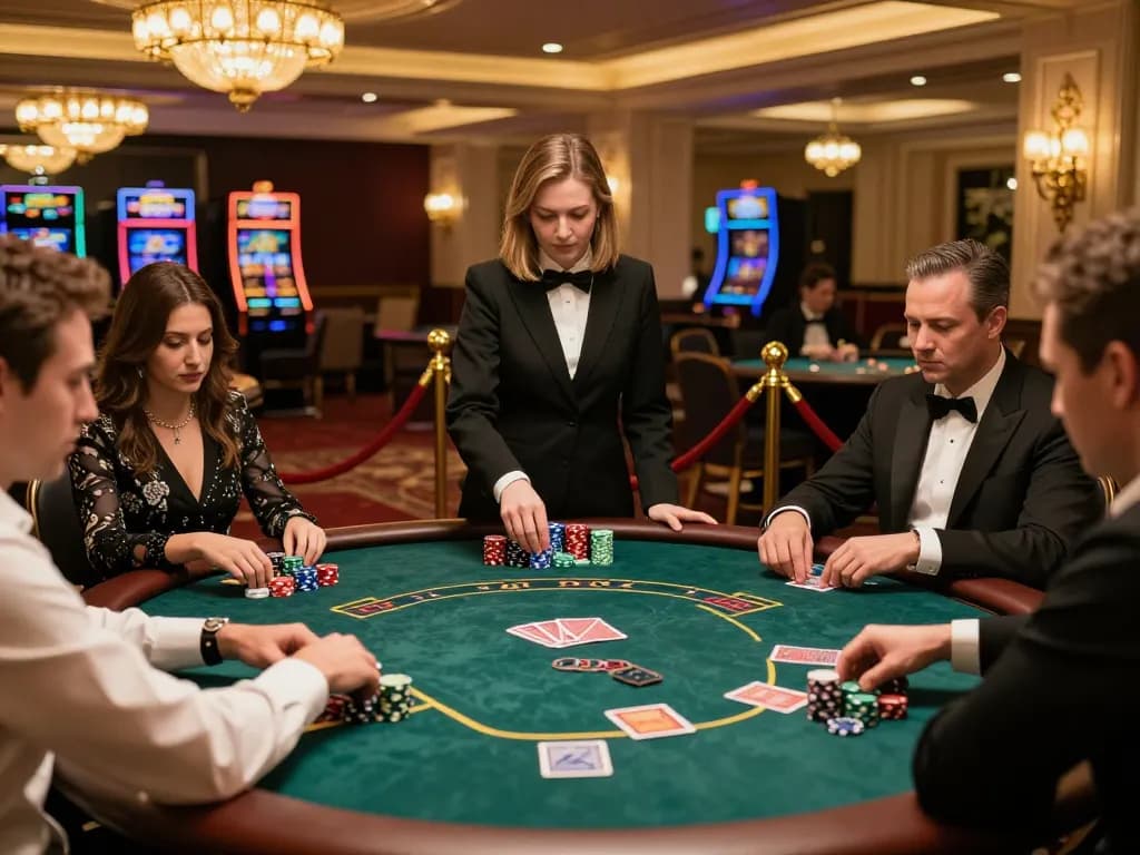 Players at a high-stakes poker game with colorful chips, showcasing MM88.COM's luxurious gaming atmosphere.