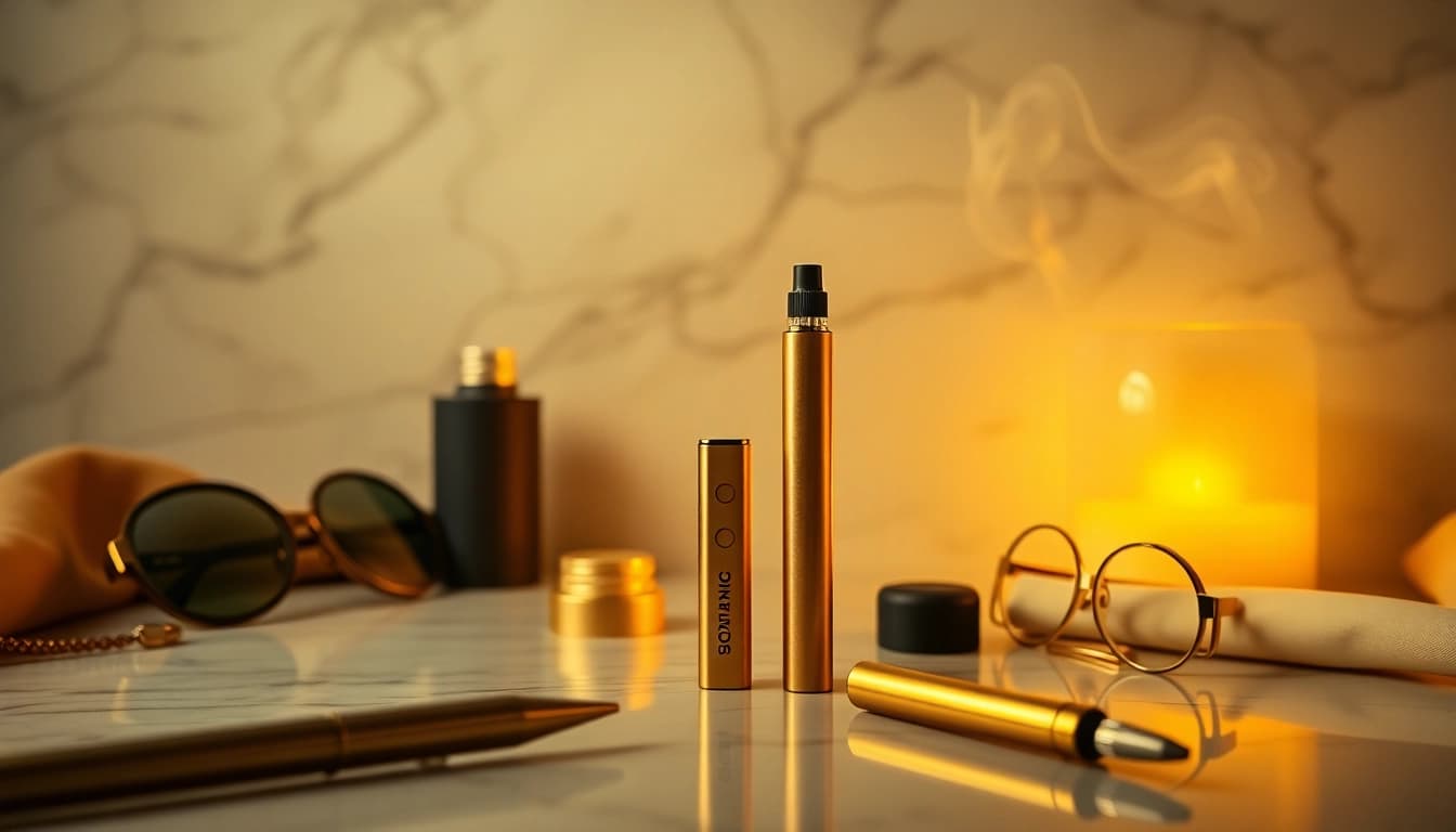 PECAH837 disposable vape pen displayed elegantly in a modern setting with soft gold tones and ambient lighting.