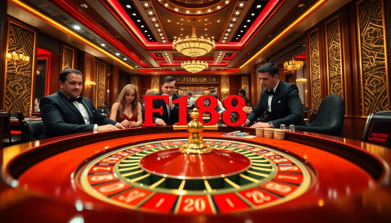 Gamblers at a roulette table in an upscale casino featuring the F168 logo, emphasizing excitement and strategy.