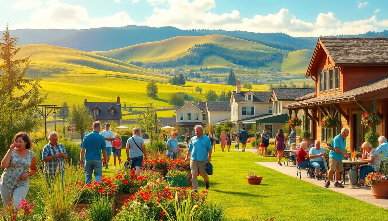 Residents enjoying a sunny day in Clarksburg with vibrant community activities.