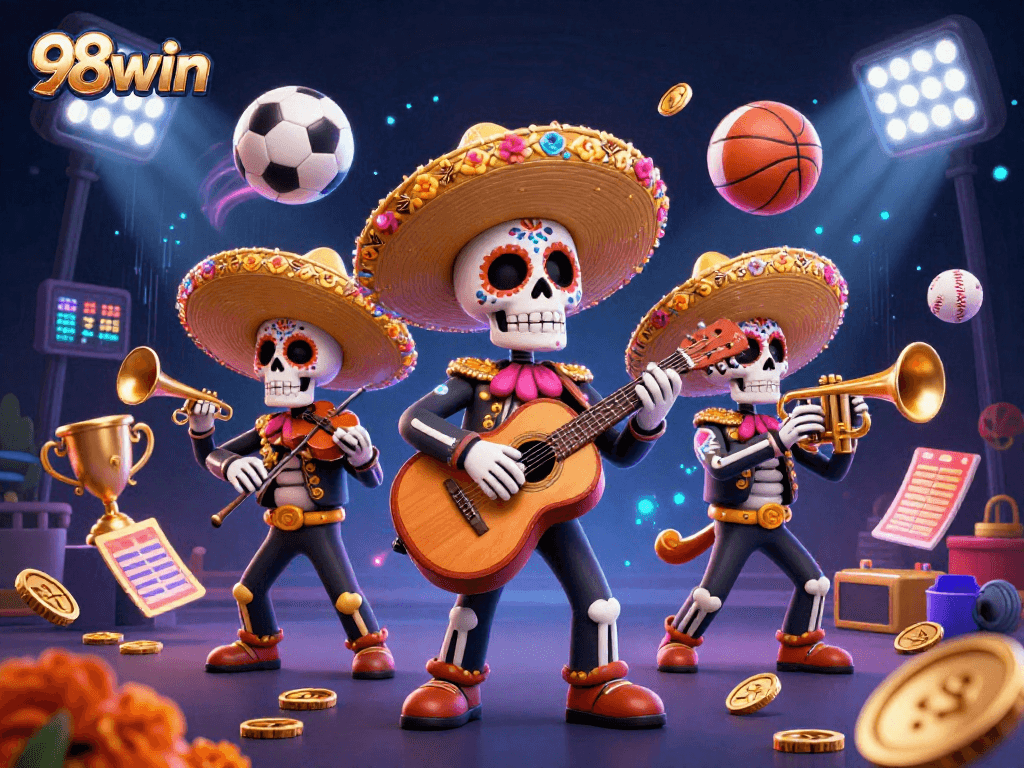 Engage in thrilling action at 98win with a vibrant casino scene filled with sports elements and lively mariachi band