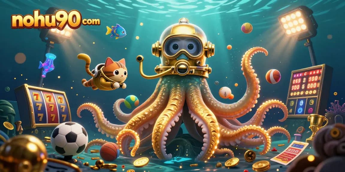 Engage with nohu90 com's exciting world featuring a kraken, diving cat, and dynamic gaming elements.
