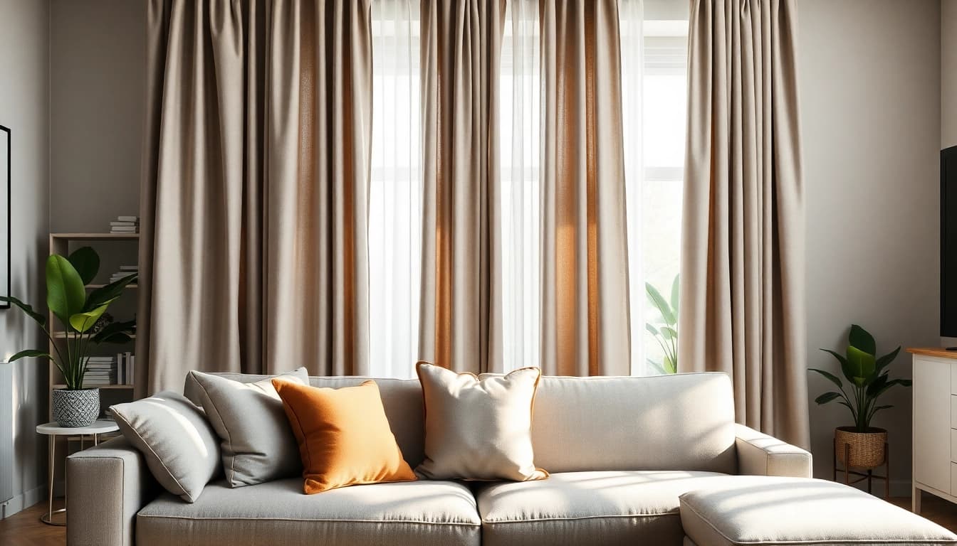 Verduisterende gordijnen accentueren een stijlvolle woonkamer en bieden optimale lichtblocking.