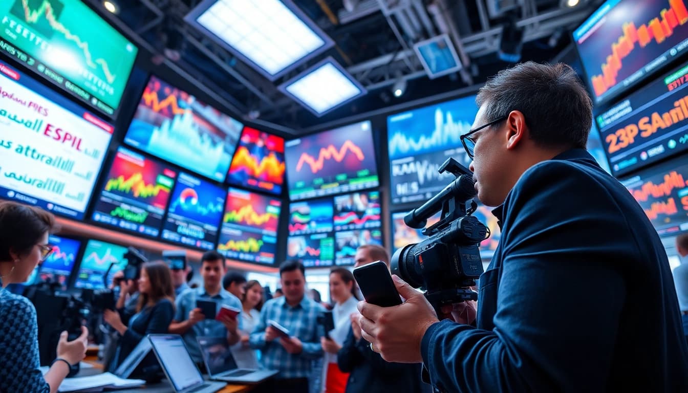 Reporters discussing breaking News in a vibrant newsroom filled with screens and data.