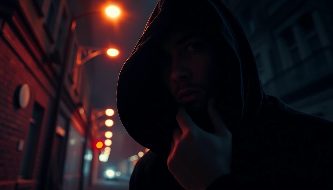 Experience the suspense of a thriller with a mysterious figure in a shadowy urban environment.