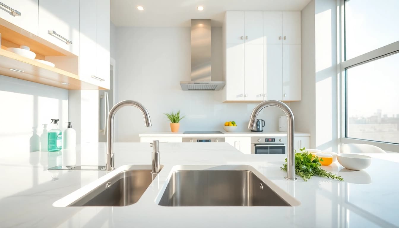 Kitchen deep cleaning Dubai showing a spotless kitchen with organized surfaces and bright lighting.