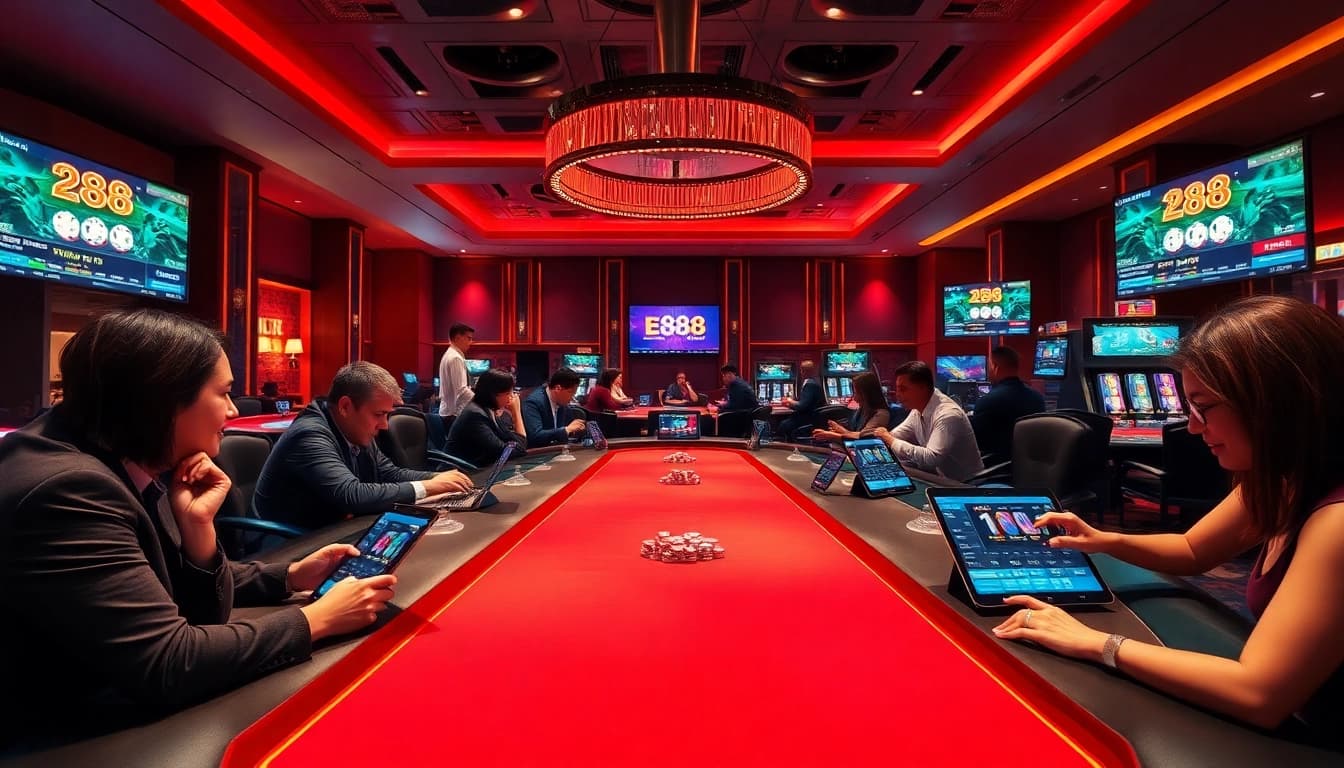 E88.IN's immersive online gaming scene with live dealers, players, and vibrant casino ambiance