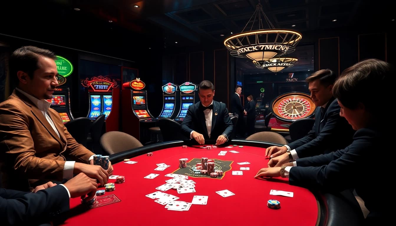 Experience the thrill of 7mcn as professional gamblers engage at a luxurious poker table.