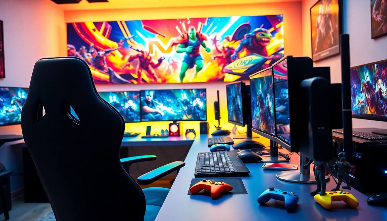 Engaging gaming room overflowing with gnhustgames visuals, controllers, and vibrant neon lights.