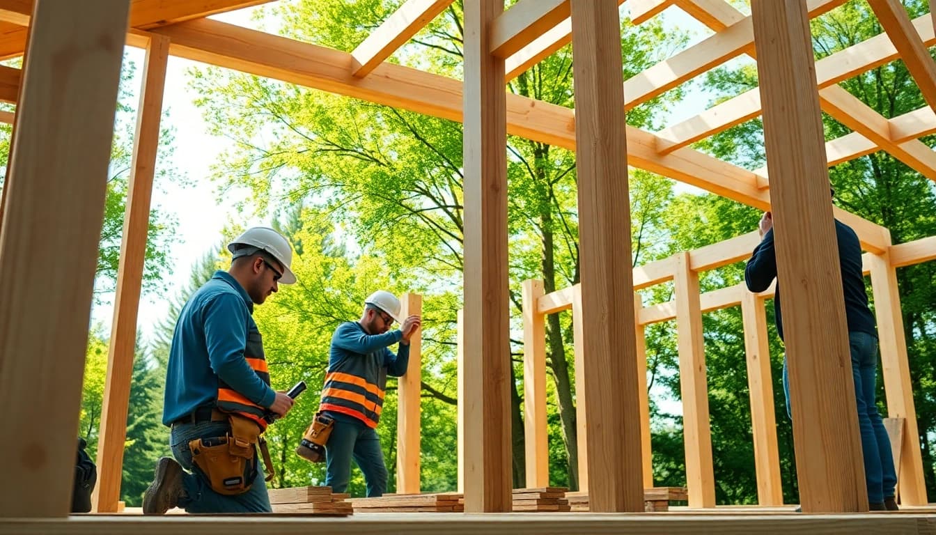 Skilled workers construct timber frame solutions at an active building site with lush surroundings.