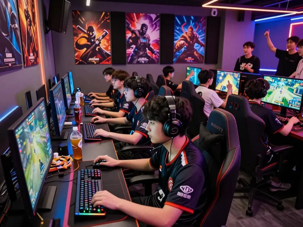 Vibrant ligasedayu gaming community tournament scene with players and spectators engaging in esports.