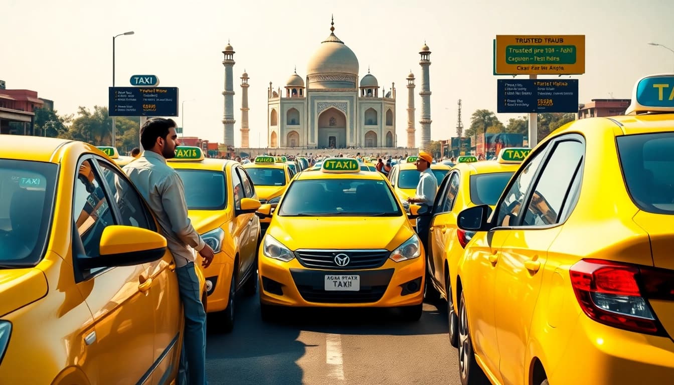 Agra Taxi service showcasing trusted drivers and clean vehicles at a vibrant taxi hub.