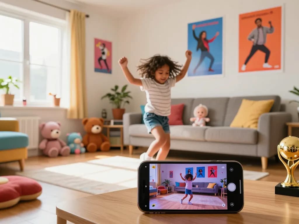 Child dancing joyfully in a colorful room, showcasing the magic of dance ai.