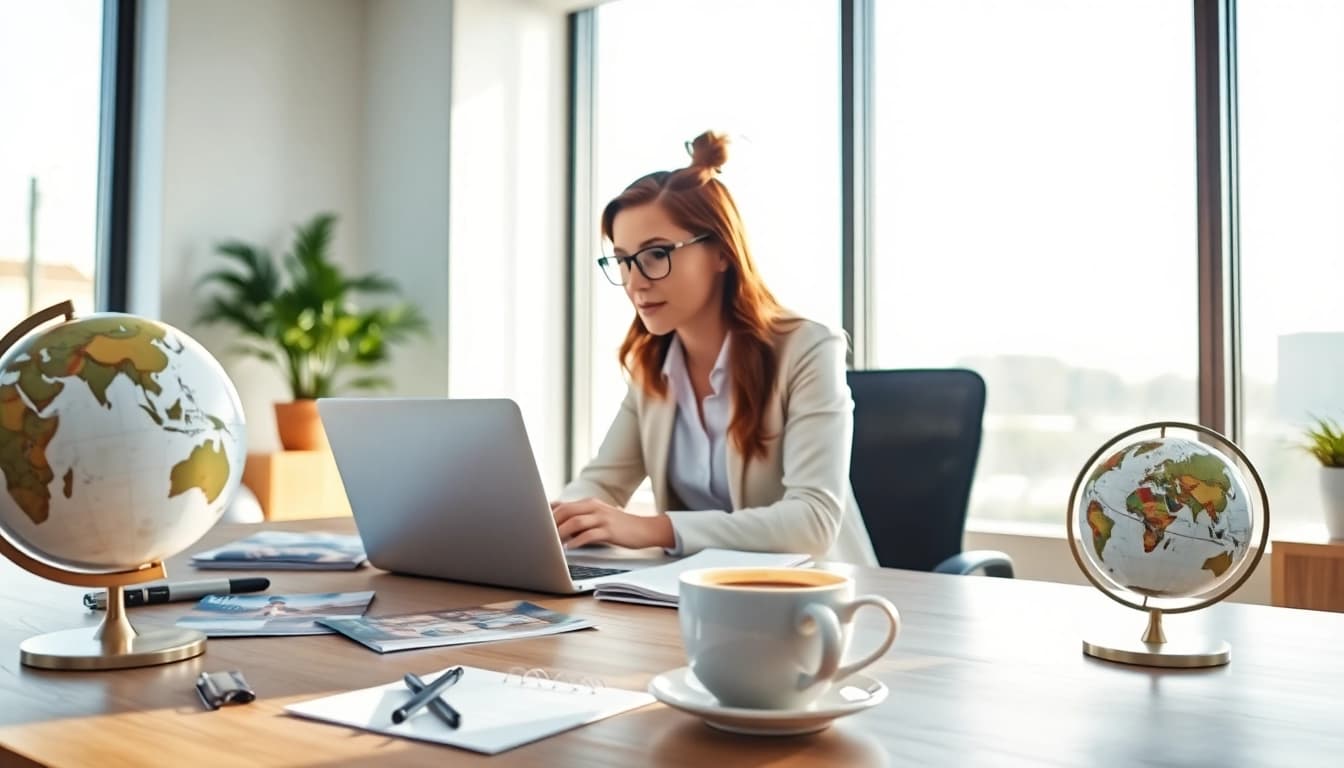 Travel assistant organizing a trip while consulting on a video call in a bright office.