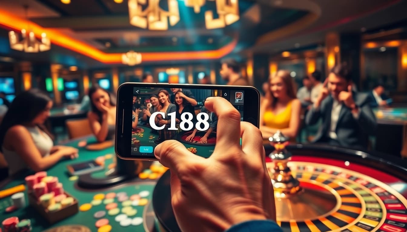 Experience the thrill of C168 as players celebrate their wins at a vibrant casino, surrounded by colorful chips and lively tables.