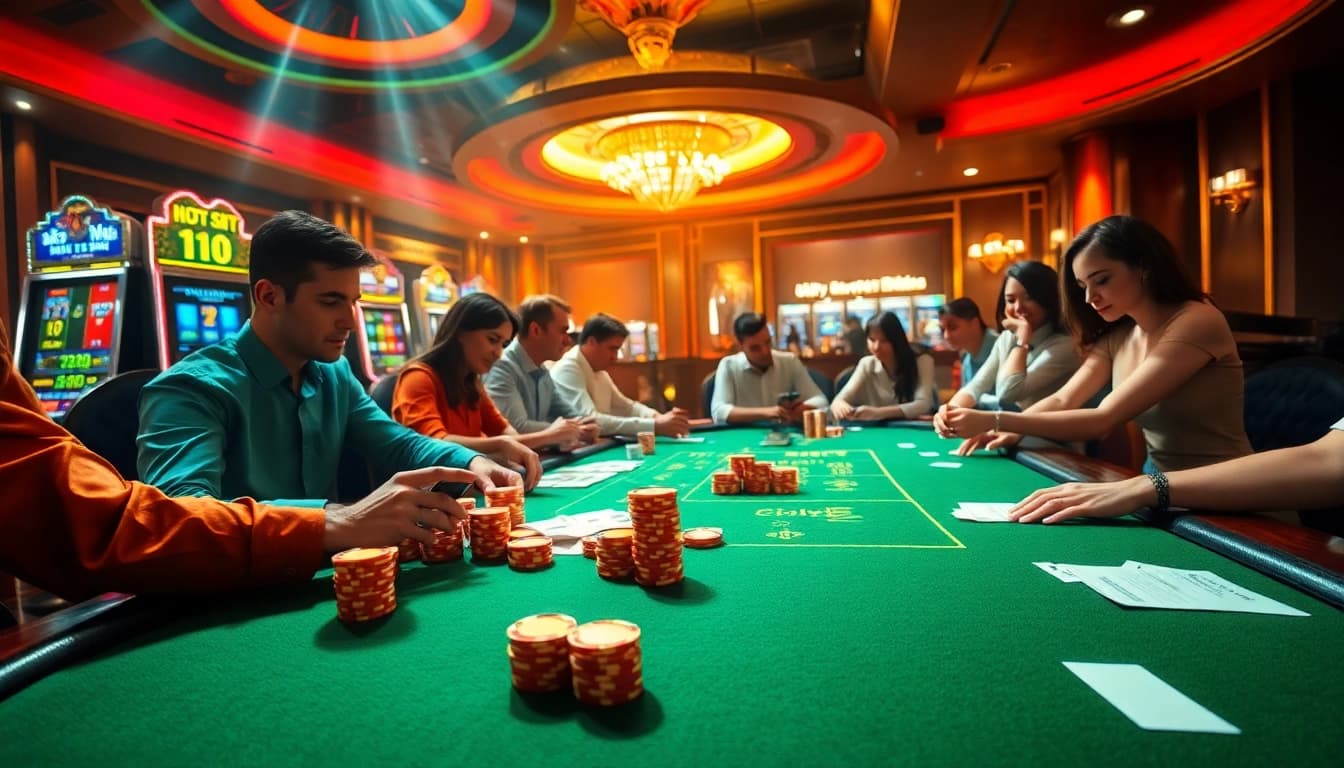 Engaged players celebrate their wins at the exciting casino scene of 888top com with a vibrant poker table.