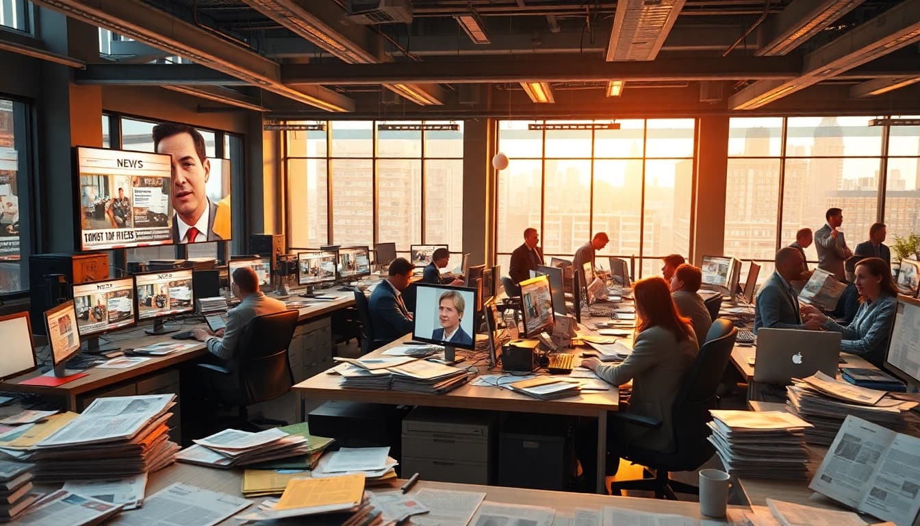 Cover news updates from https://news-parade.com.ua in a vibrant newsroom.