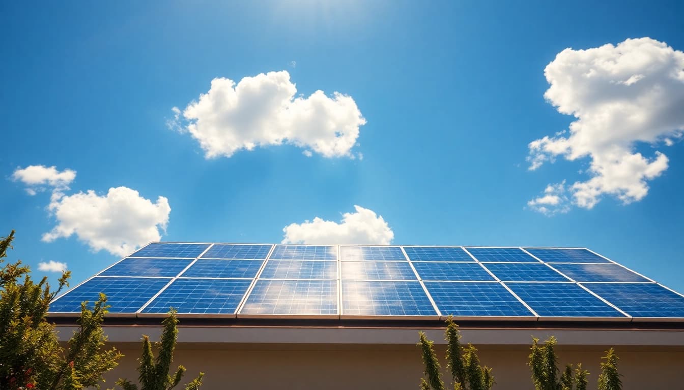Showcase renewable energy solutions through beautiful solar panels on a residential roof.
