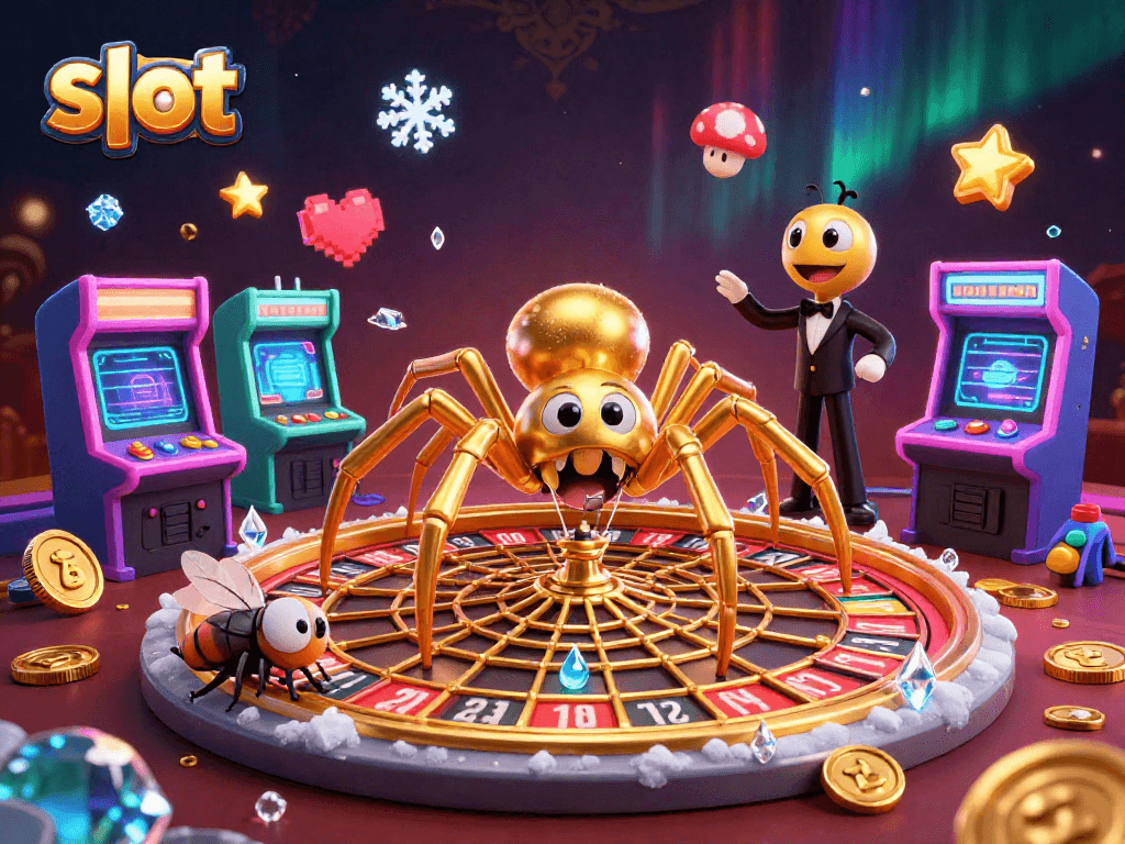 Slot plinko online mengasyikkan dengan ilustrasi laba-laba emas dan mesin arcade ceria.