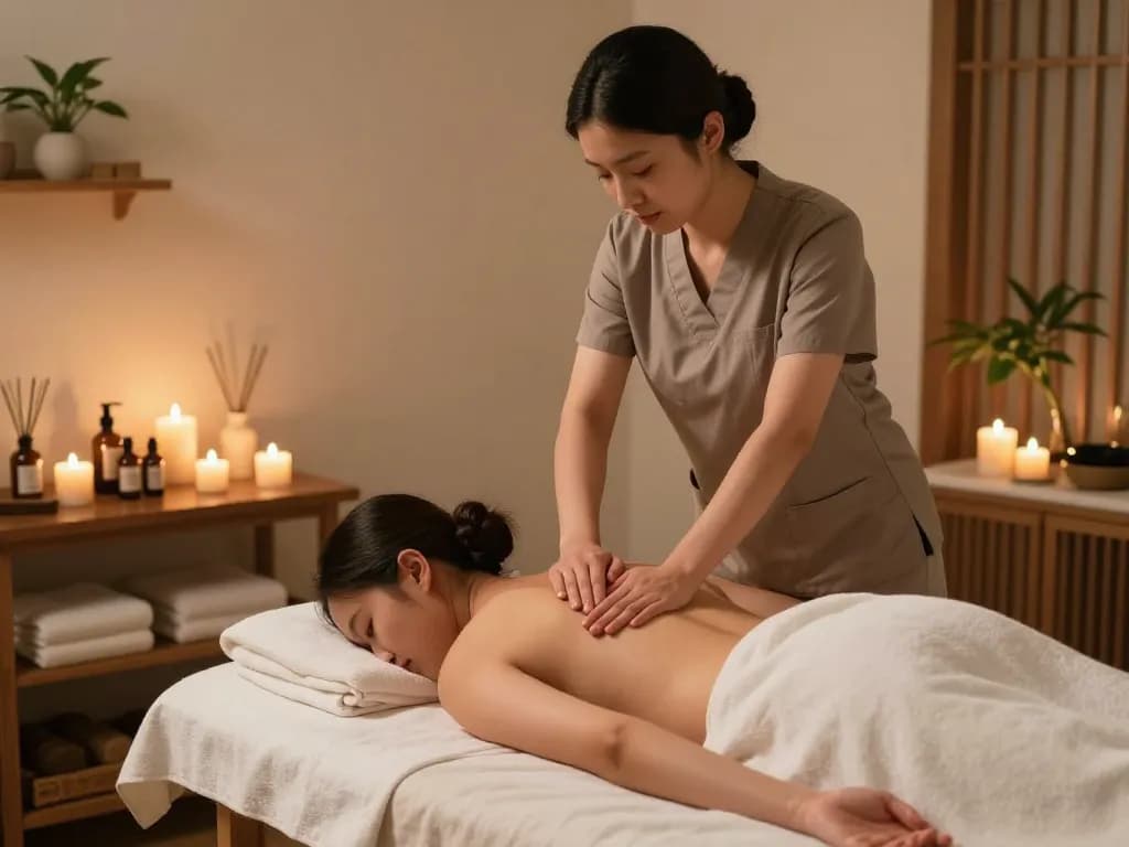 Relaxing Swedish massage experience at a wellness spa with ambient light and soothing decor, highlighting 강남스웨디시.