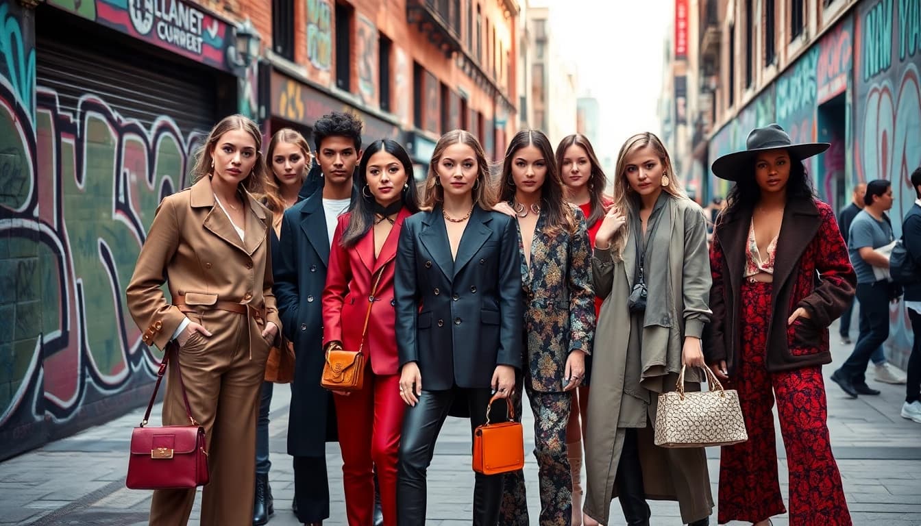 Fashion models displaying vibrant street styles in a lively urban environment.