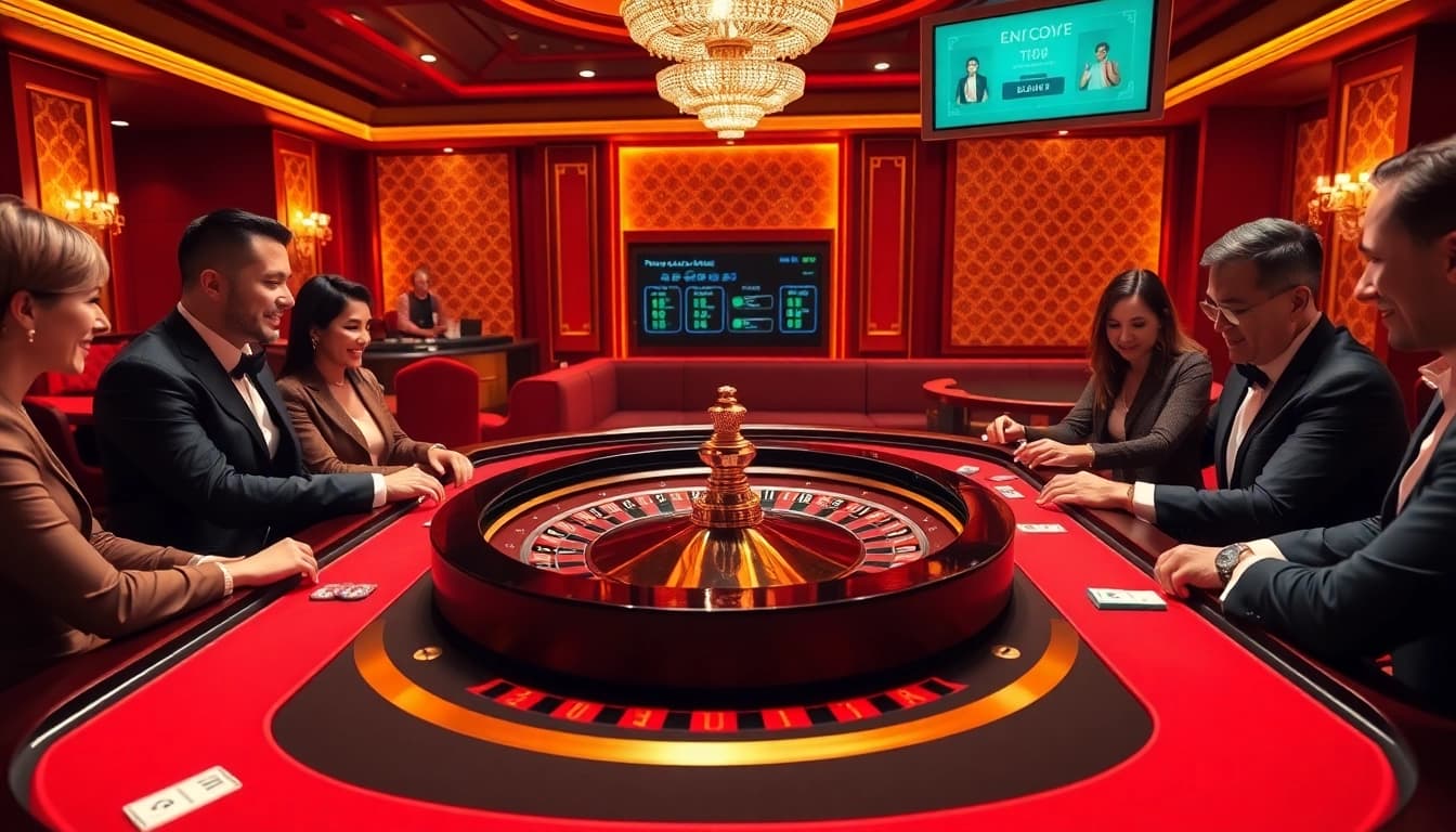 Players enjoying a thrilling game at the MB66 roulette table in a luxurious casino setting.