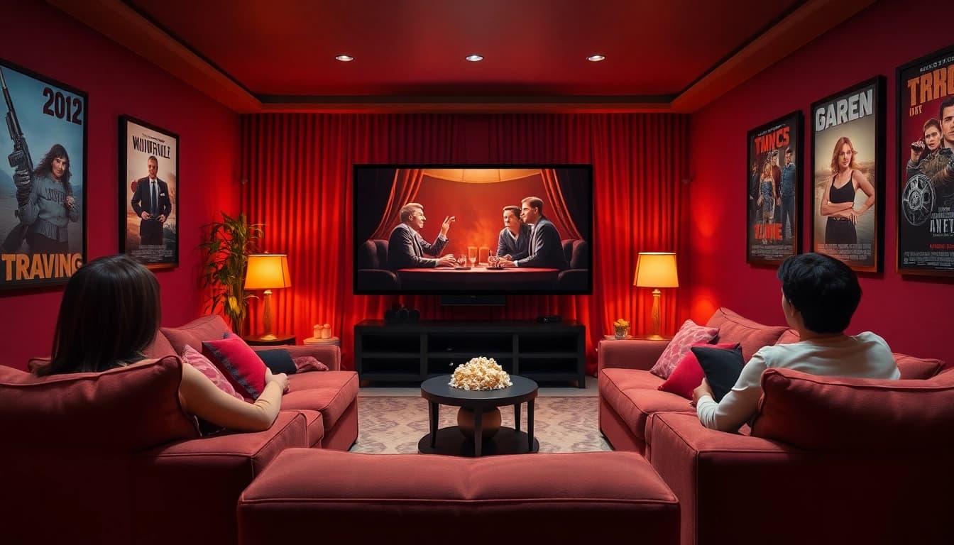 Enjoying a cozy home cinema experience watching filme with popcorn.