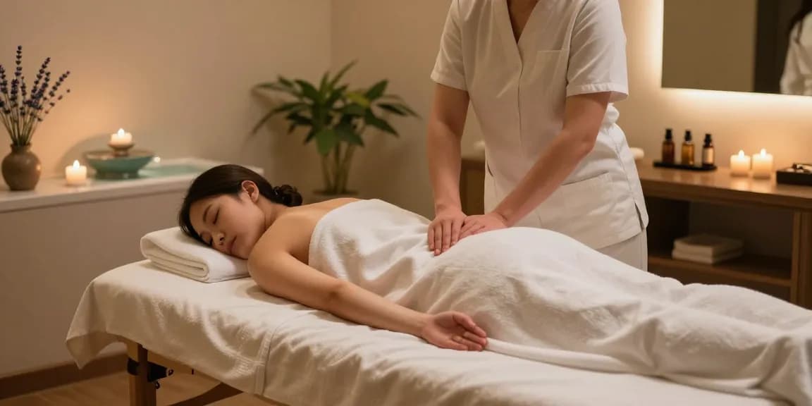 Swedish massage in a serene spa environment with soothing candles and calming decor, showcasing relaxation and wellness.