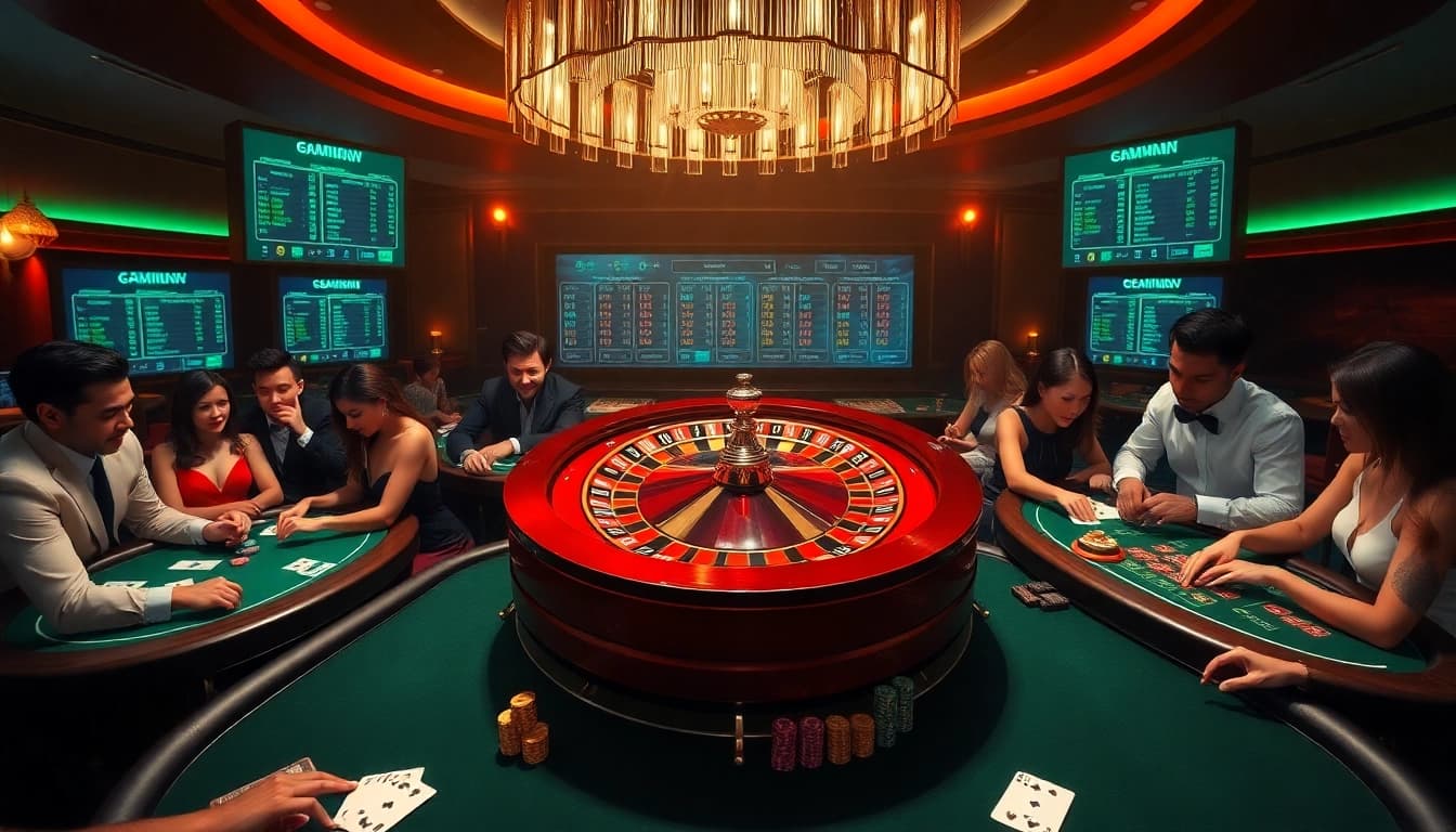 Players enjoying exciting games at S8 casino, featuring roulette and poker tables with vibrant chips.