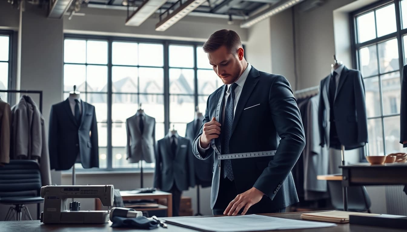 Craft a perfect fit with bespoke custom made suits tailored in an elegant studio setting.