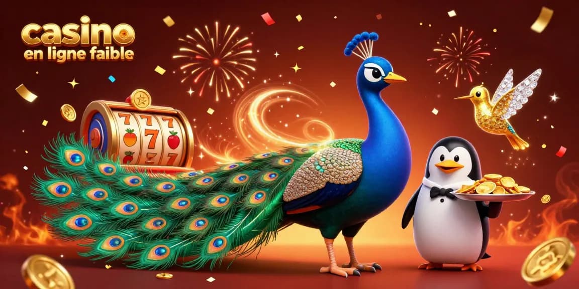 Découvrez un casino en ligne fiable avec un paon aristocratique et un pingouin serveur au milieu des jetons d'or.
