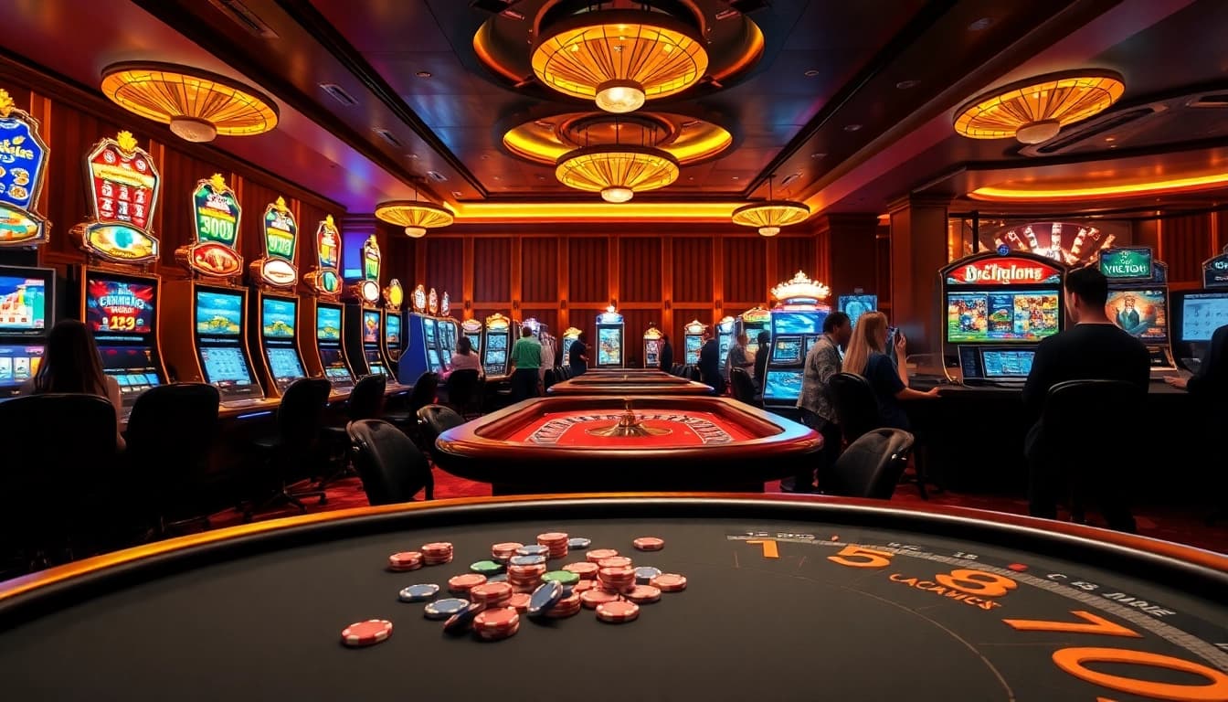 Expérience de casino en ligne avec des joueurs profitant de jeux de croupier en direct et de machines à sous dans un cadre luxueux.