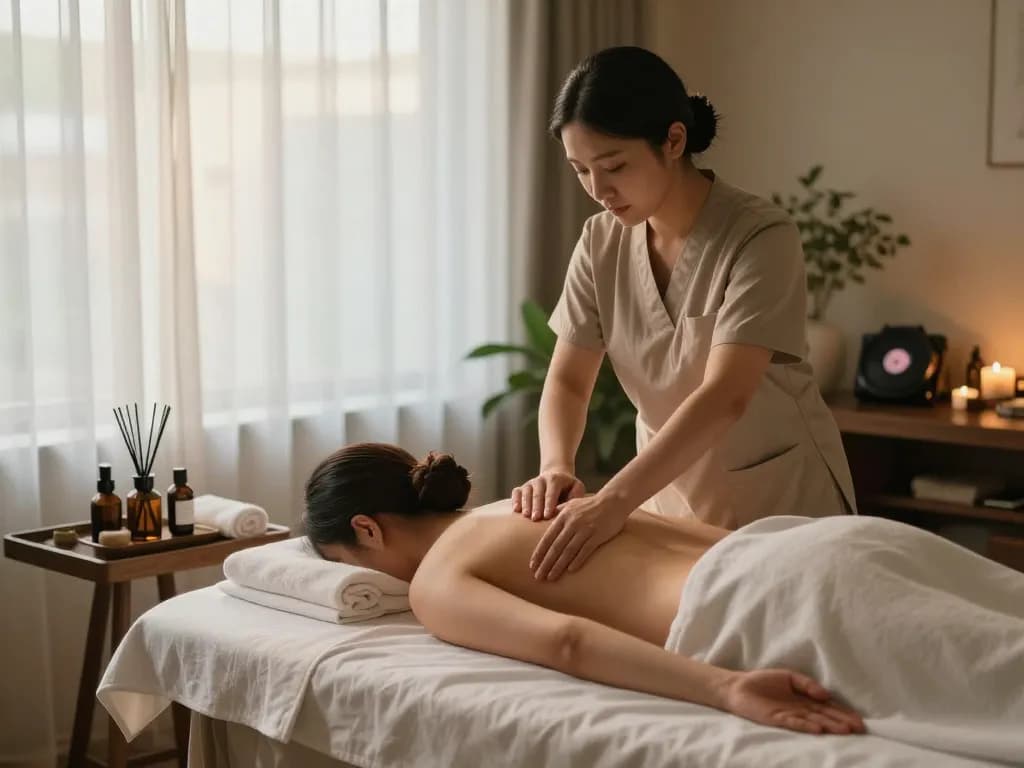 マ포스ウェ디시 massage taking place in a calm spa environment with soothing elements and natural light.