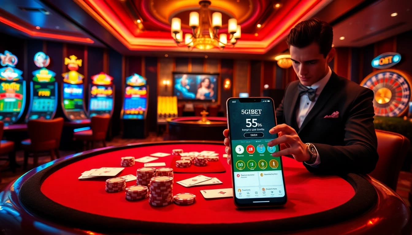 Engaging in high-stakes gaming with 5GBET on a luxurious casino floor.
