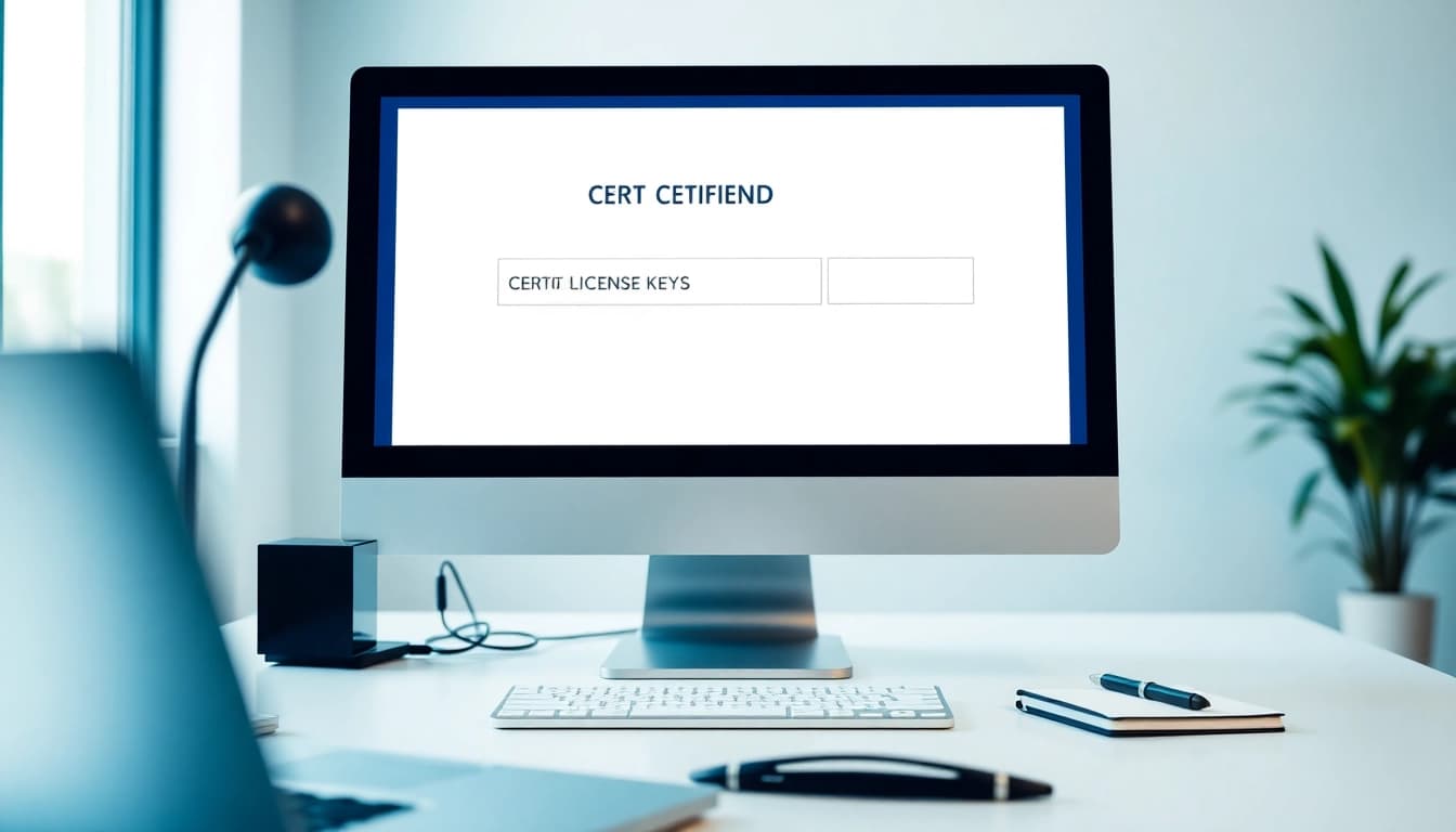 View of certified software license keys displayed on a modern computer setup.