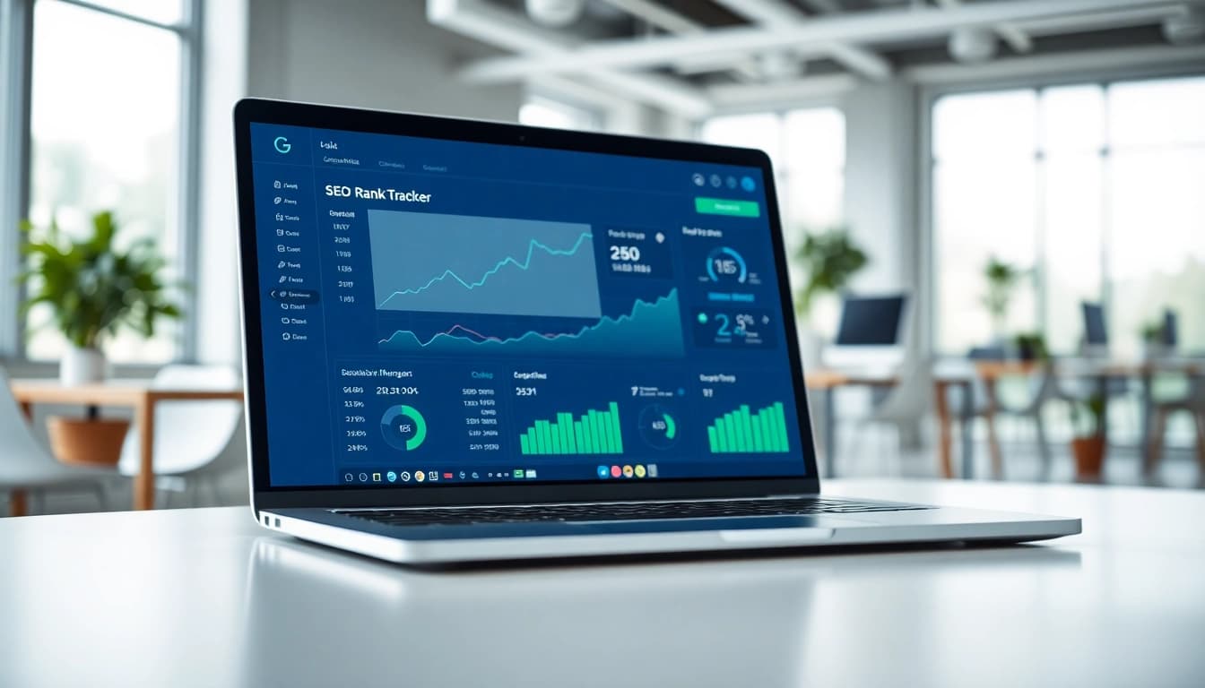 Visualize an SEO Rank Tracker dashboard in a modern office environment with sleek analytics displayed.