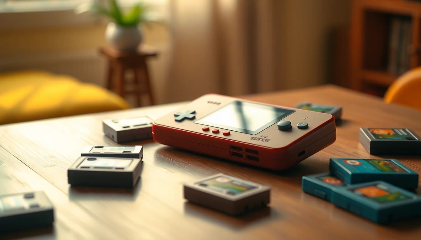 Engaging Retro Game Handheld surrounded by nostalgic game cartridges on a wooden table.