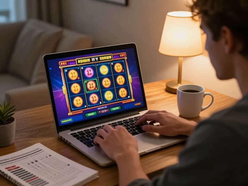 Player engaging with JPTOTO slot game on laptop in cozy home setting.