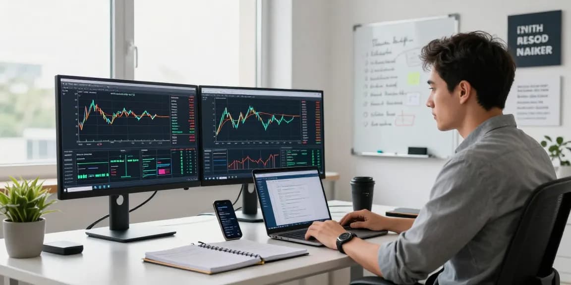 Traders using MetaTrader 5 on dual monitors in a modern office setting with charts and analytics.