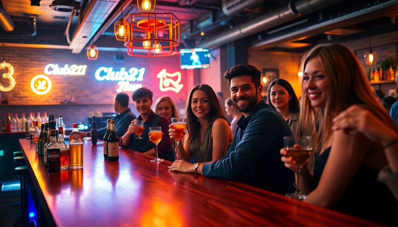 Vibrant nightlife scene featuring young adults displaying Club21ids novelty IDs at a bar.