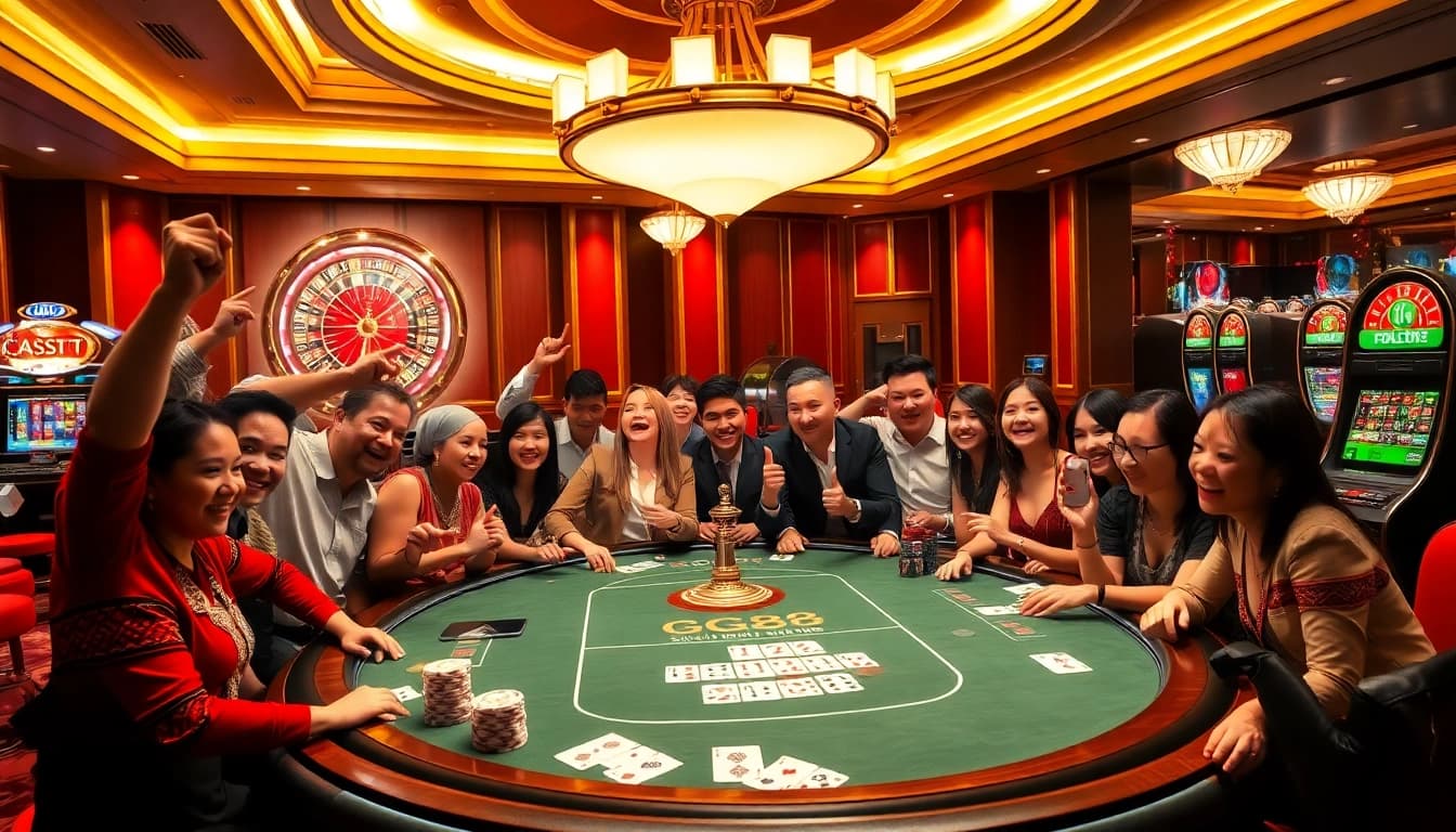 Players enjoying their experience at the GG88 casino table with vibrant poker chips and cards.