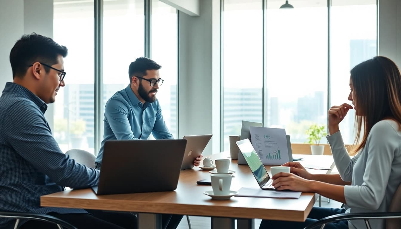 Engaging digital marketing team collaborates at https://press.farm in a modern office setting.